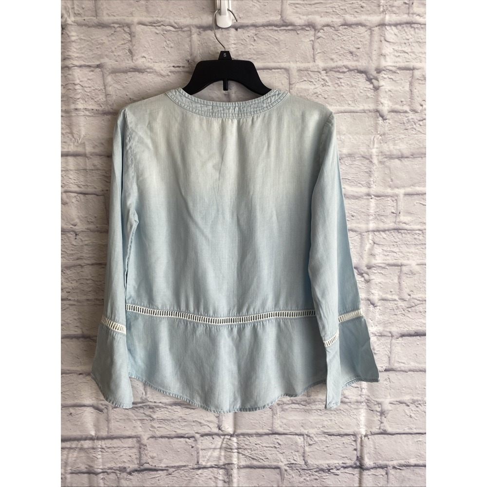 Cloth & Stone Boho Coastal Split Neck Chambray Lyocell Bell Sleeve Blouse Small - Picture 7 of 8